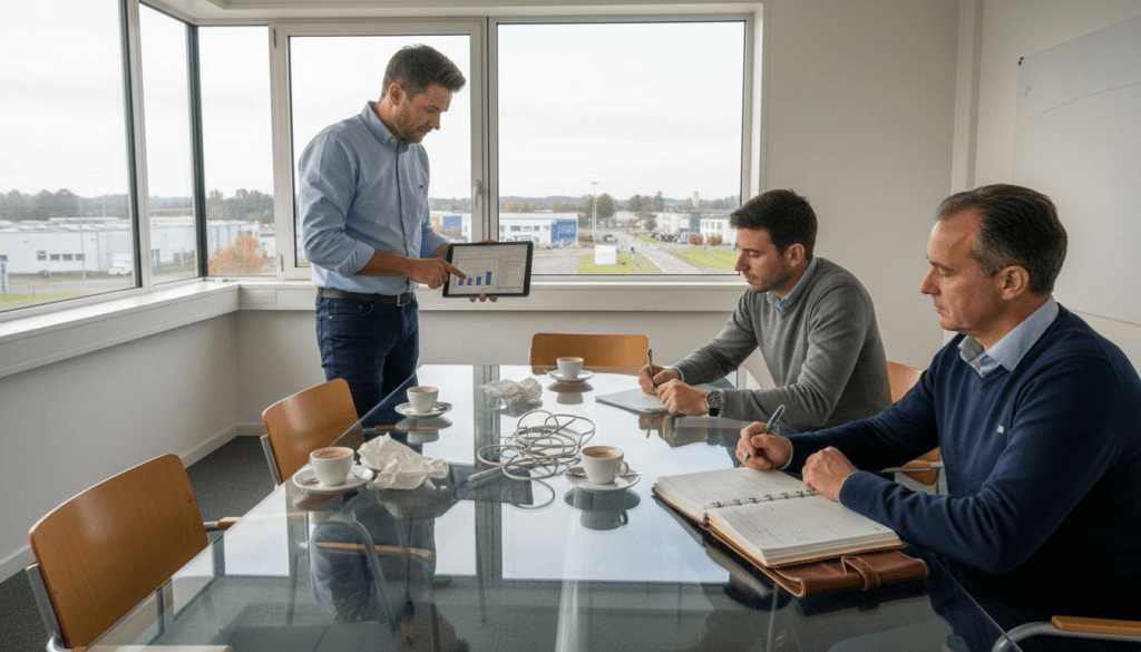 Des dirigeants de petites entreprises se retrouvent autour d’une tablette à Nantes pour échanger et partager leurs idées.