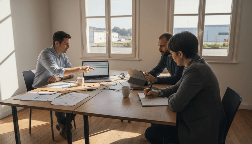 Dans une petite entreprise, l’équipe travaille main dans la main sur des outils numériques pour optimiser leur activité.