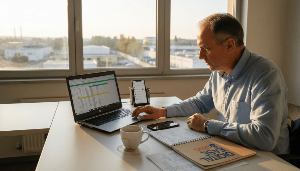 Un chef d’entreprise de PME en pleine réflexion sur la transformation numérique de son activité, préparant la digitalisation au sein de ses bureaux.