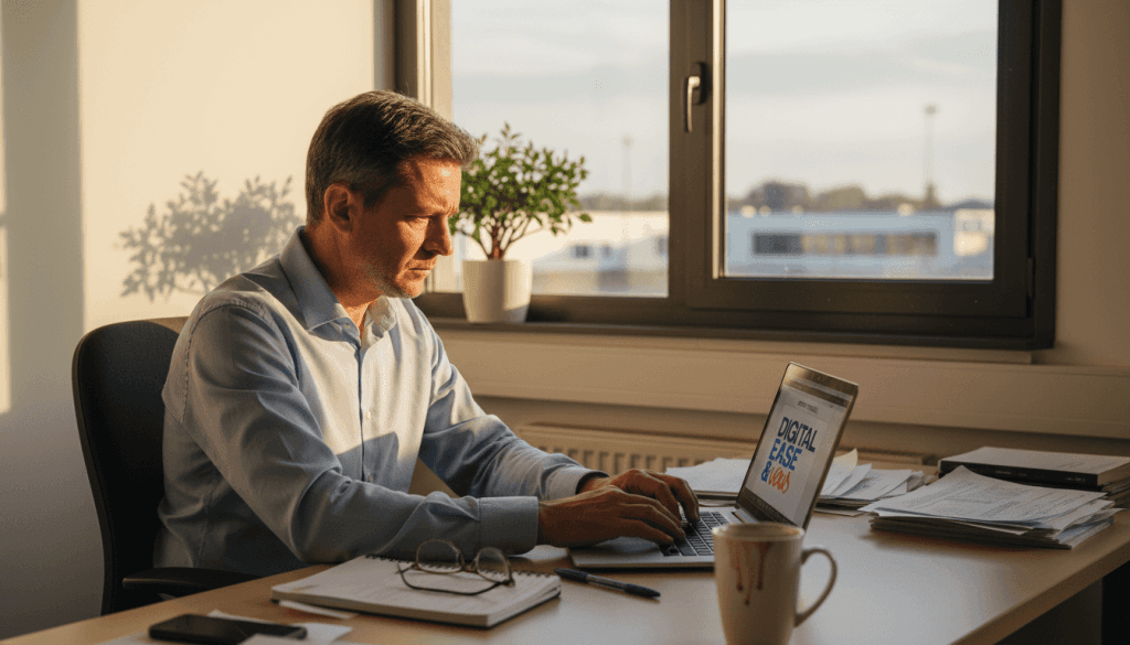 Un chef d’entreprise de PME en pleine réflexion devant son ordinateur, installé dans un petit bureau.