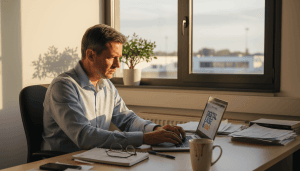 Un chef d’entreprise de PME en pleine réflexion devant son ordinateur, installé dans un petit bureau.