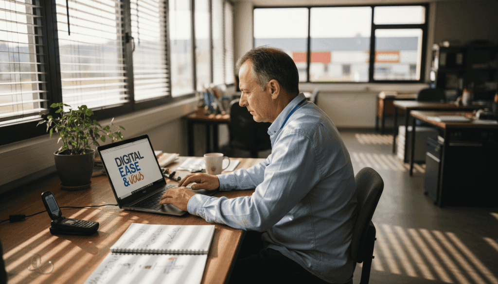 Dirigeant de PME utilisant l’intelligence artificielle sur son ordinateur portable