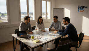 Des collaborateurs d’une PME échangent autour des outils numériques dans leur espace de travail.