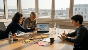 Une équipe de PME échange et travaille ensemble dans un bureau moderne et lumineux, aménagé dans un coin de l’espace.