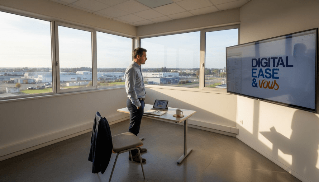 Un dirigeant de PME consulte un tableau de bord numérique depuis son bureau.