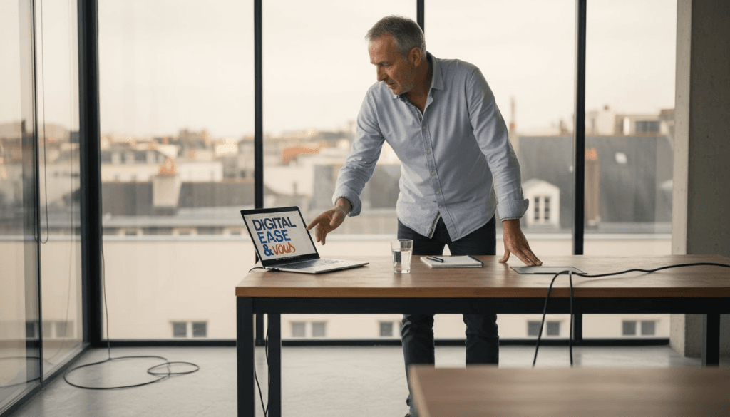 À Nantes, le dirigeant d'une PME réunit son équipe autour de l'ordinateur pour une séance de travail collaborative.