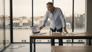 À Nantes, le dirigeant d'une PME réunit son équipe autour de l'ordinateur pour une séance de travail collaborative.