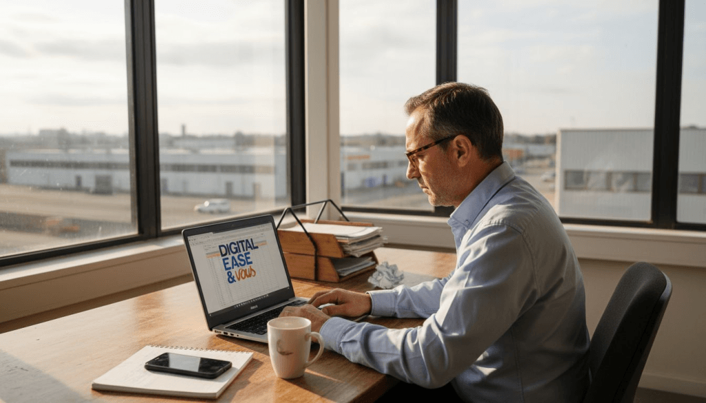 Dirigeant de PME pilotant ses activités grâce à un espace de travail digital