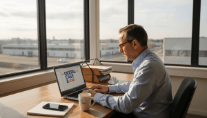 Dirigeant de PME pilotant ses activités grâce à un espace de travail digital