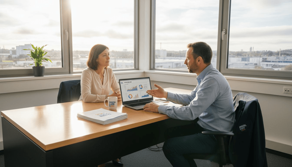 Entretien entre un consultant et une dirigeante de PME dans un bureau baigné de lumière.