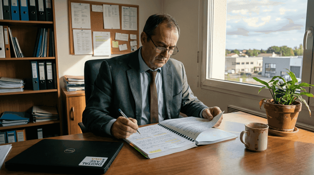 Un patron de PME en train de parcourir les nouvelles réglementations sur l’IA pour comprendre leur impact sur son entreprise.