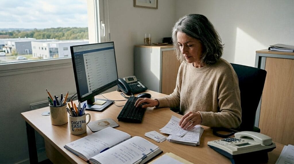 Le responsable d’une PME commence sa journée au bureau en s’occupant de la gestion du CRM.
