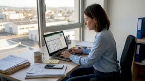 Un responsable d’entreprise en pleine activité dans un bureau lumineux.