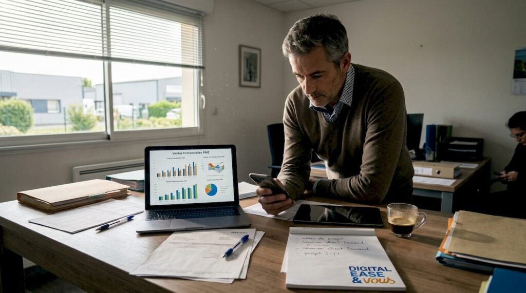 Entrepreneur travaillant depuis son bureau à domicile, entouré de ses appareils numériques.