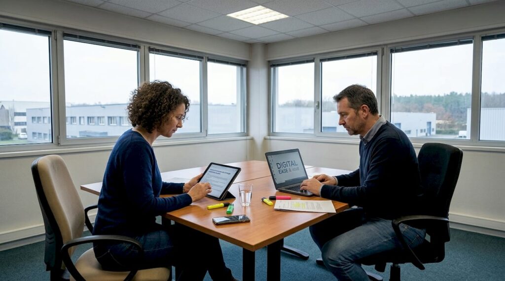 Des collègues réunis autour d'une table pour élaborer la stratégie digitale de l'entreprise.