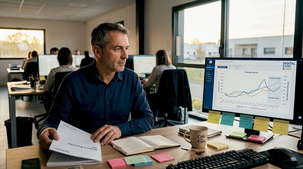 Le dirigeant d’une PME analyse attentivement un dossier sur son bureau.