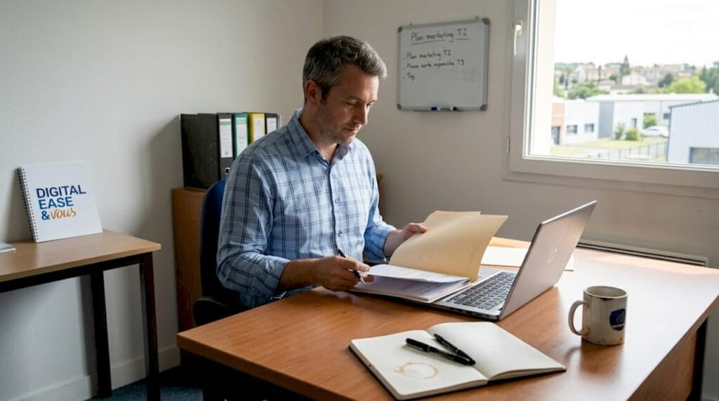 Un consultant en marketing en pleine analyse de dossier, installé à son bureau devant son ordinateur.