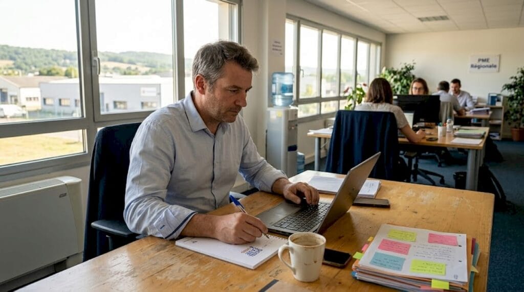 Un consultant digital accompagne les PME en travaillant directement sur leur ordinateur pour optimiser leur présence en ligne.