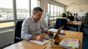 Un consultant digital accompagne les PME en travaillant directement sur leur ordinateur pour optimiser leur présence en ligne.