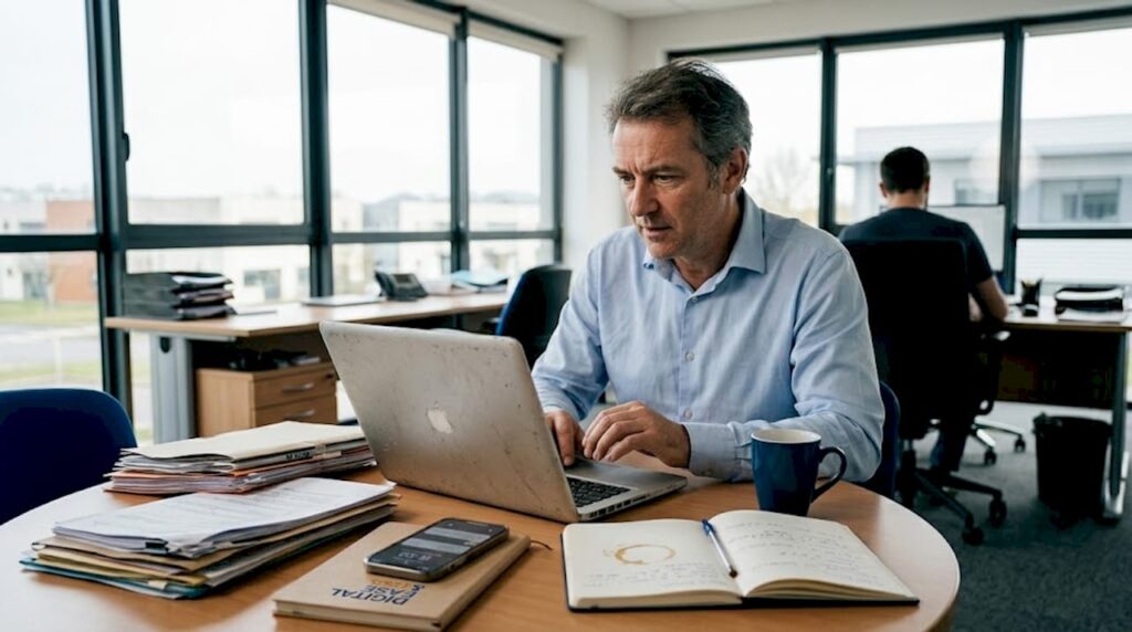 Un chef d'entreprise de PME en pleine analyse de ses données numériques dans son bureau.