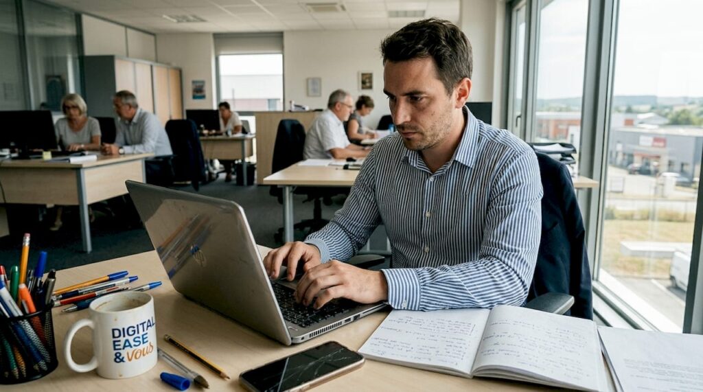 Un assistant commercial en train de travailler sur un outil no-code depuis son poste de travail.