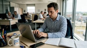 Un assistant commercial en train de travailler sur un outil no-code depuis son poste de travail.