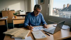 Un chef d'entreprise de PME en pleine réflexion sur la mise en place d'une solution CRM dans son bureau.