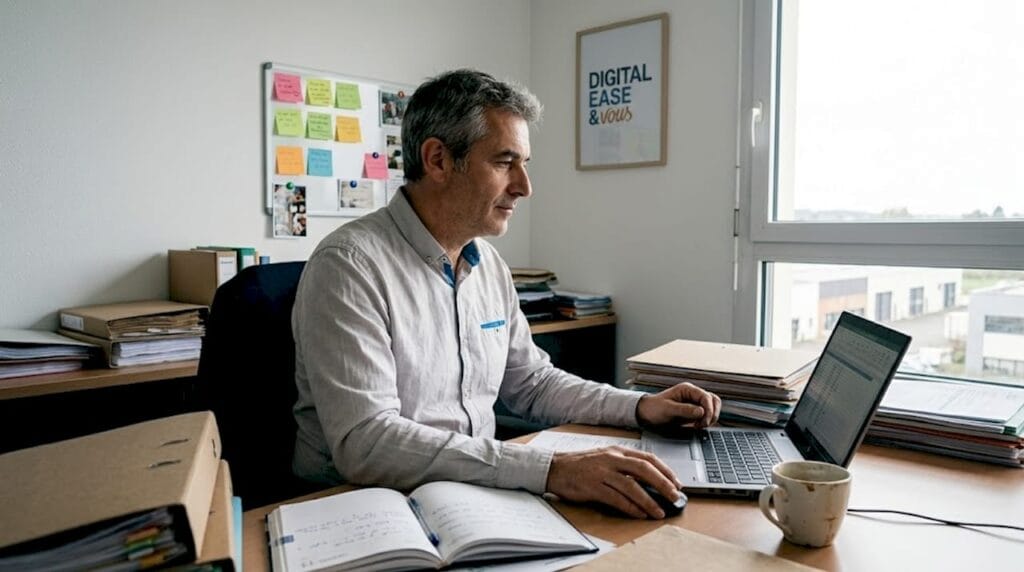Un chef d’entreprise en pleine consultation de son ordinateur portable