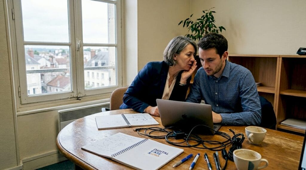 Des chefs d’entreprise de PME échangent ensemble devant un écran d’ordinateur.