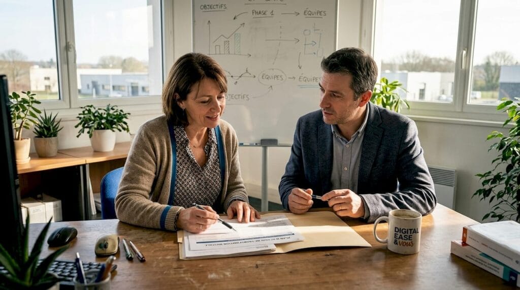 Échange entre un coach digital et un dirigeant nantais autour des enjeux numériques.