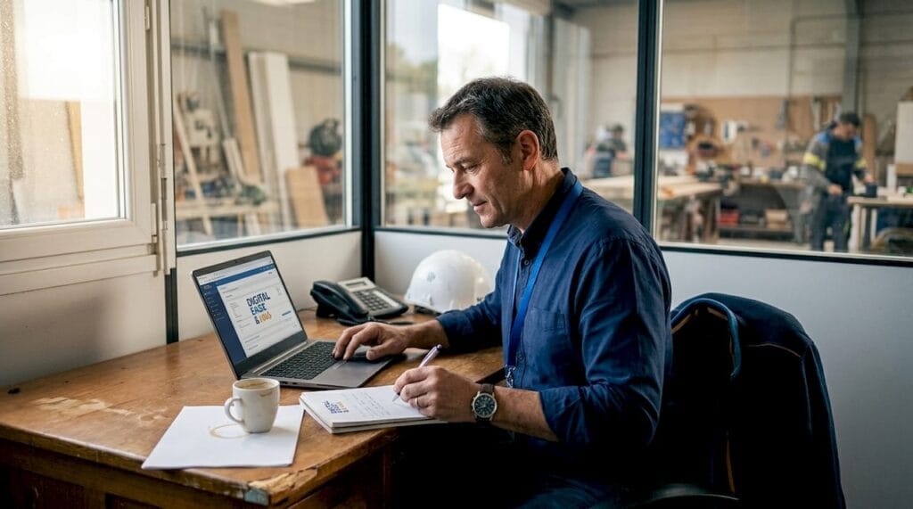 Le dirigeant d’une PME du bâtiment jongle au quotidien entre son ordinateur et son carnet de notes pour gérer son activité.