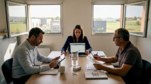 Une petite équipe de bureau travaille ensemble autour d’un même poste, en utilisant un logiciel de gestion de la relation client.