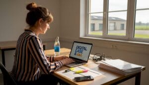 Un responsable de petite entreprise en train d’évaluer différentes solutions CRM devant son ordinateur.