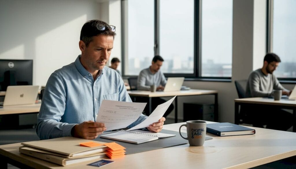 Patron d’une PME nantaise en pleine réflexion sur l’optimisation des processus administratifs.