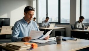 Patron d’une PME nantaise en pleine réflexion sur l’optimisation des processus administratifs.