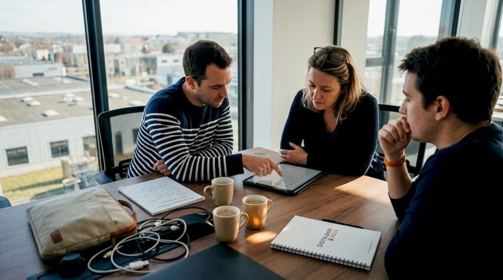 Des collègues d’une PME passent en revue ensemble une liste de contrôle numérique.