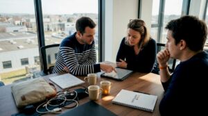 Des collègues d’une PME passent en revue ensemble une liste de contrôle numérique.