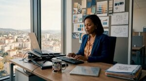 Cheffe d’entreprise PME utilisant l’intelligence artificielle sur son ordinateur