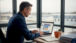 Un dirigeant de PME en pleine réflexion devant son bureau, en train d’organiser ses priorités pour la journée.