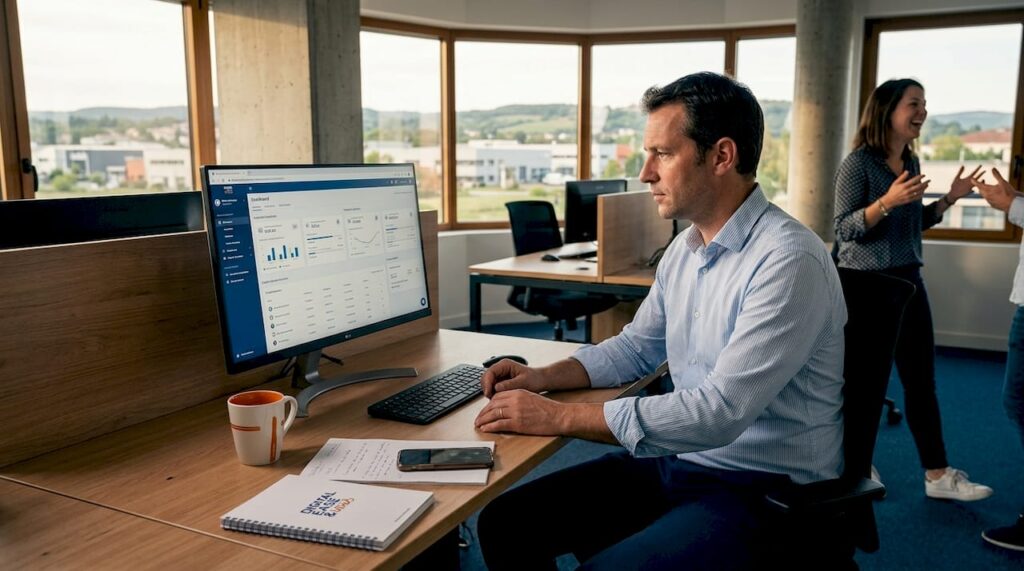 Un chef d’entreprise de PME en pleine consultation de son logiciel de gestion au bureau.