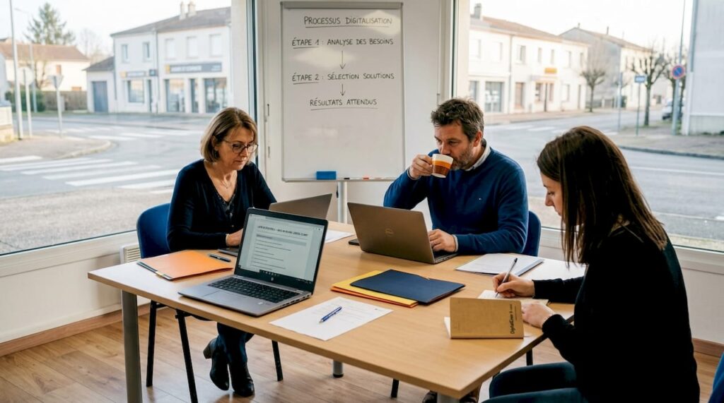 Réunion d’équipe dans une petite entreprise : échanges et collaboration autour de la table.