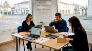 Réunion d’équipe dans une petite entreprise : échanges et collaboration autour de la table.