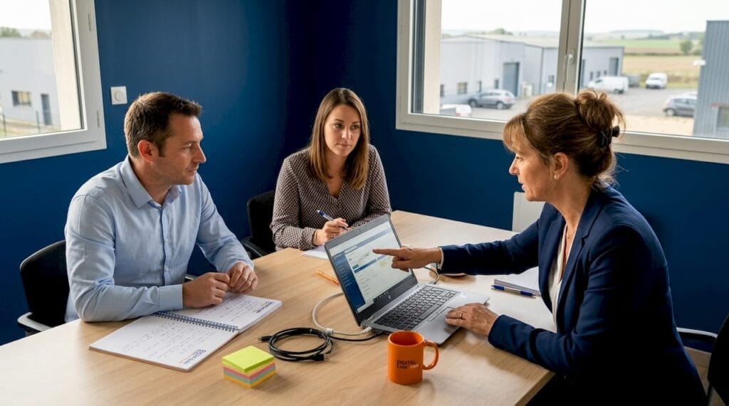 L’équipe discute des nouveaux outils numériques pendant une réunion au bureau.
