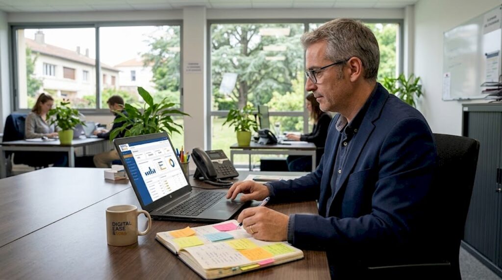 Un chef d’entreprise de PME en pleine gestion de son activité sur un ERP, installé à son bureau.