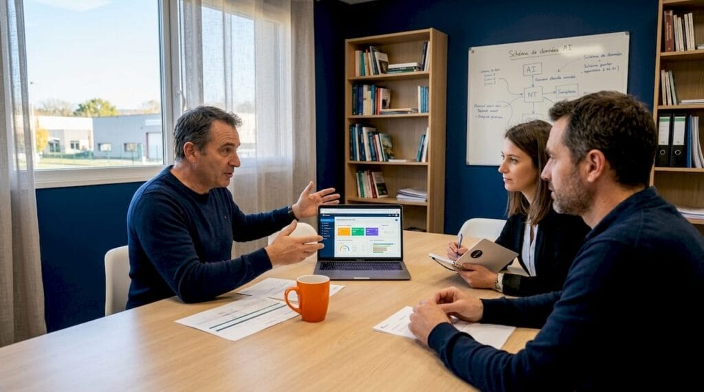 Un patron de PME échange avec son équipe sur les enjeux de l’intelligence artificielle.