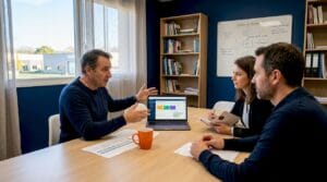 contact 10 Un patron de PME échange avec son équipe sur les enjeux de l’intelligence artificielle.