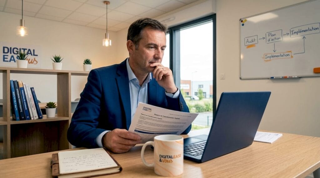 Chef d’entreprise de PME en pleine réflexion sur la transition numérique