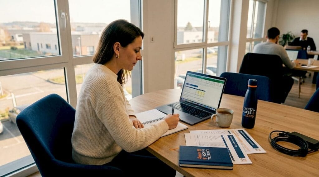 Une cheffe d’entreprise de PME, plongée dans ses réflexions à son bureau.