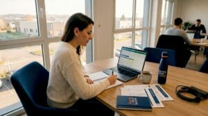 Une cheffe d’entreprise de PME, plongée dans ses réflexions à son bureau.