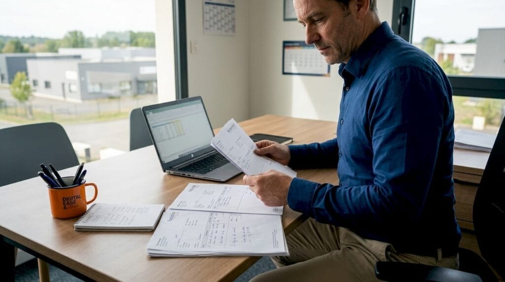 Chef d’une petite entreprise, installé derrière un bureau débordant de papiers et de dossiers.